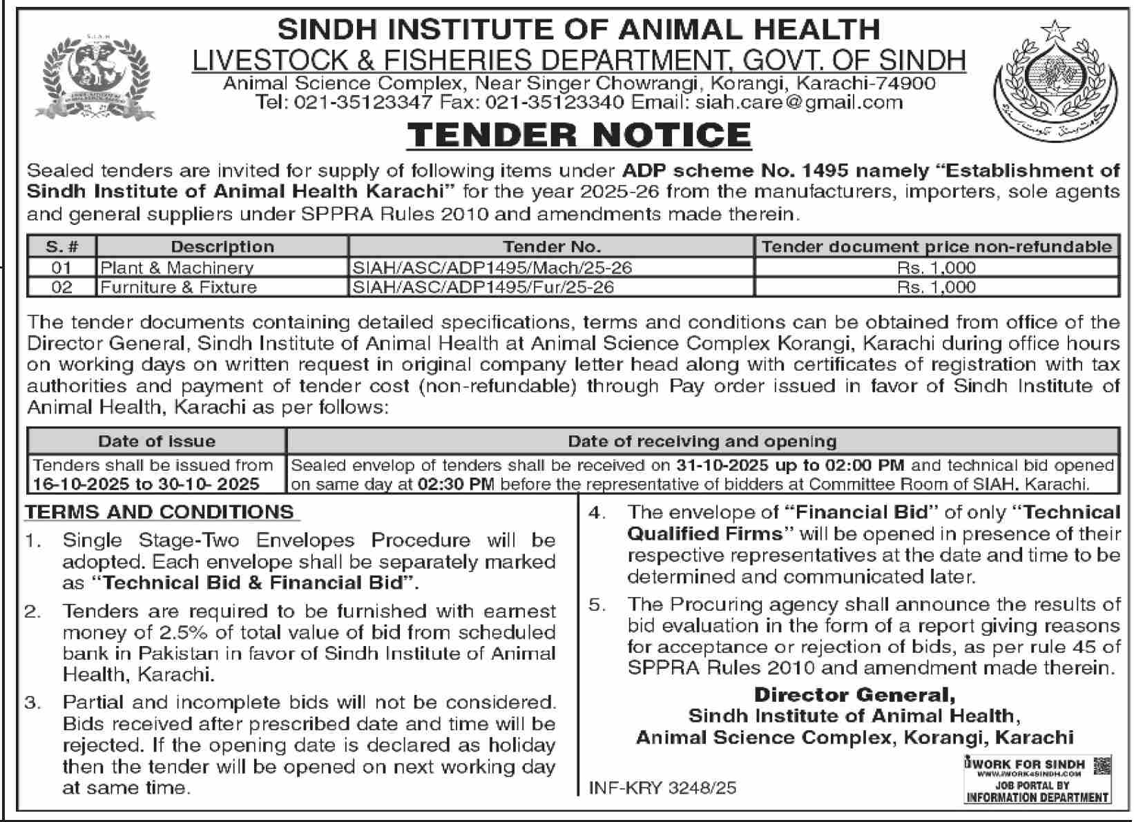 Livestock & Fieseries Department Karachi Tender Notice